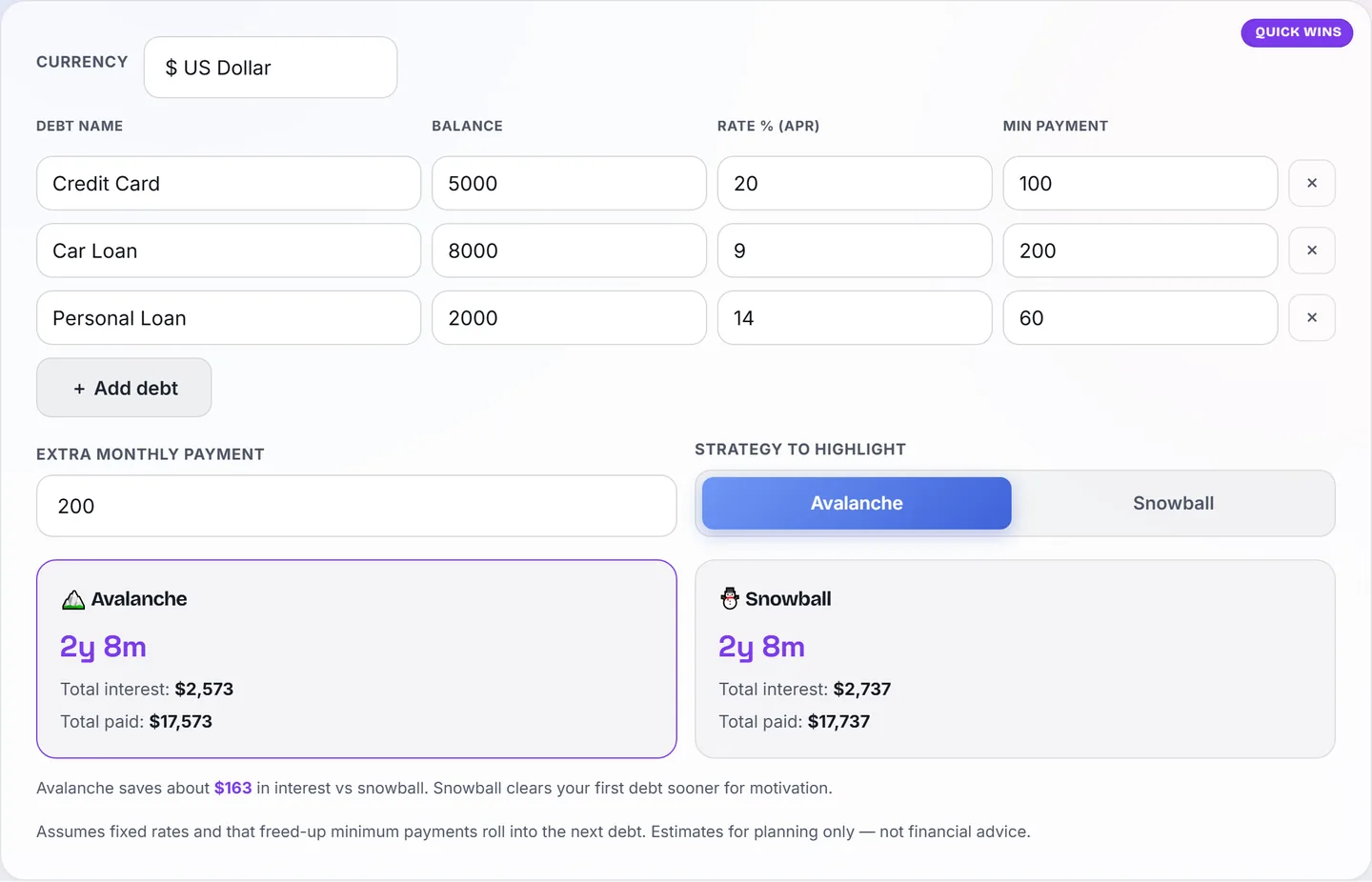 Debt Payoff Calculator comparing snowball and avalanche strategies