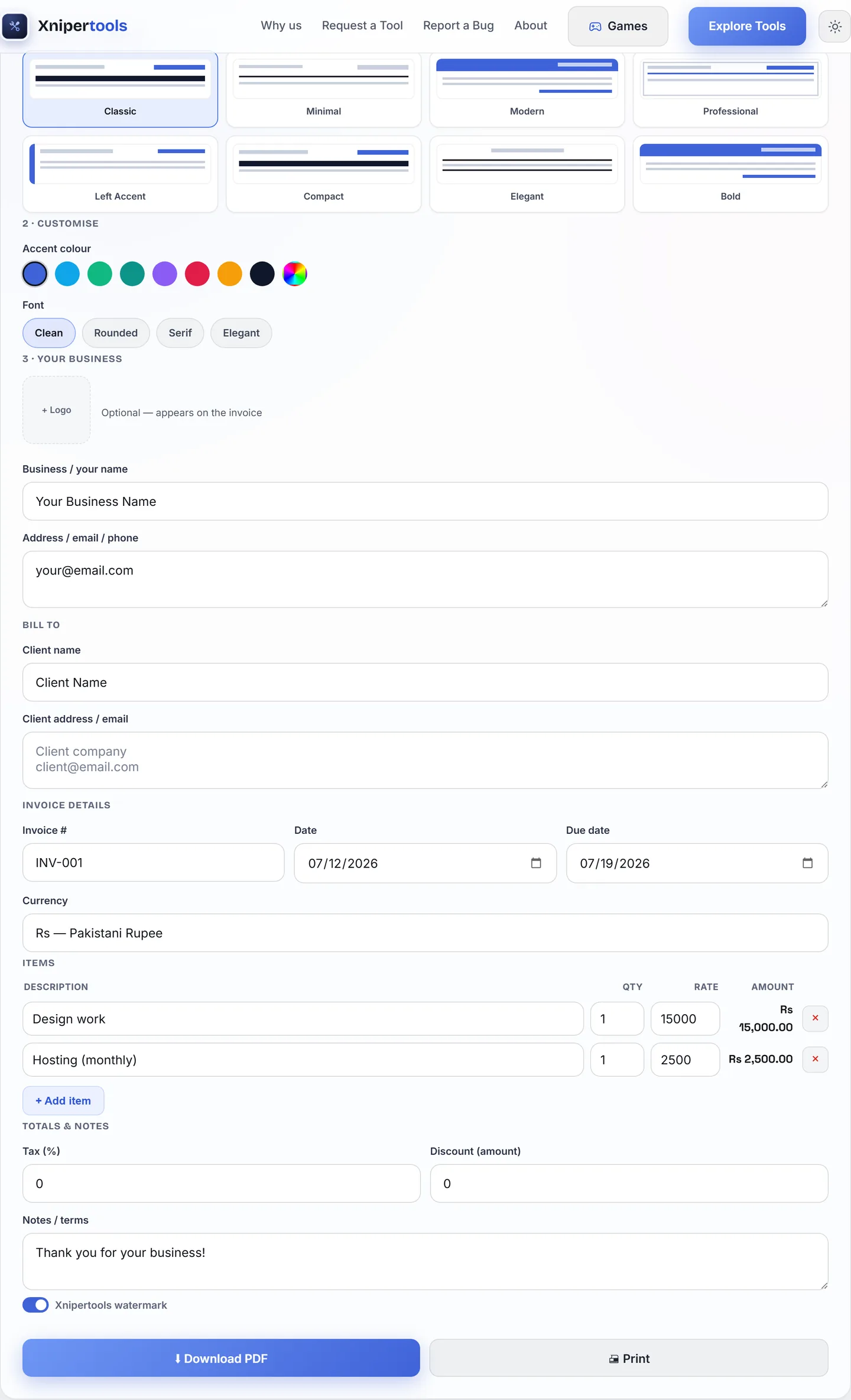 Invoice Generator with template picker and live invoice preview