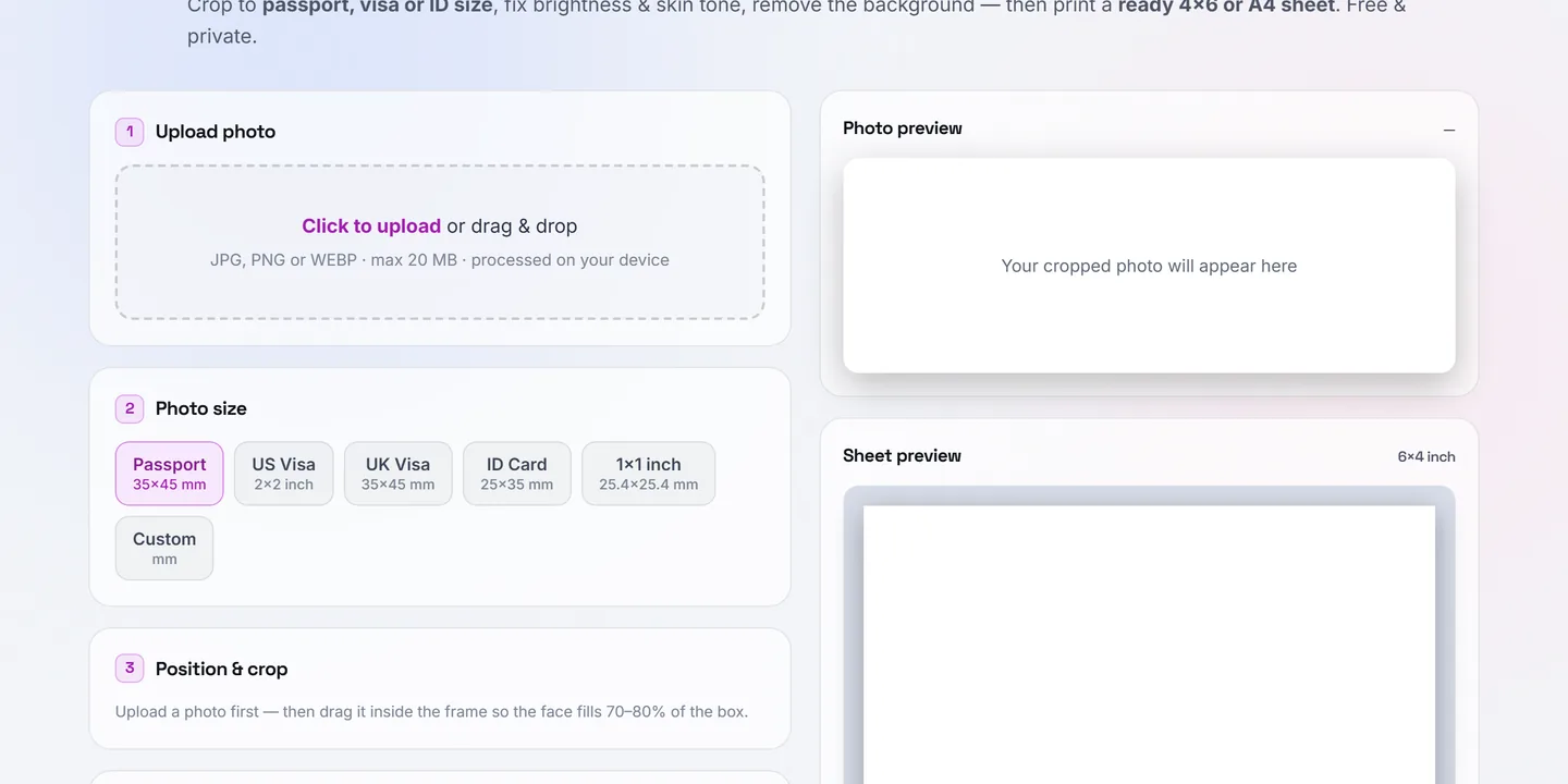 Passport Photo Maker with upload area and country size presets
