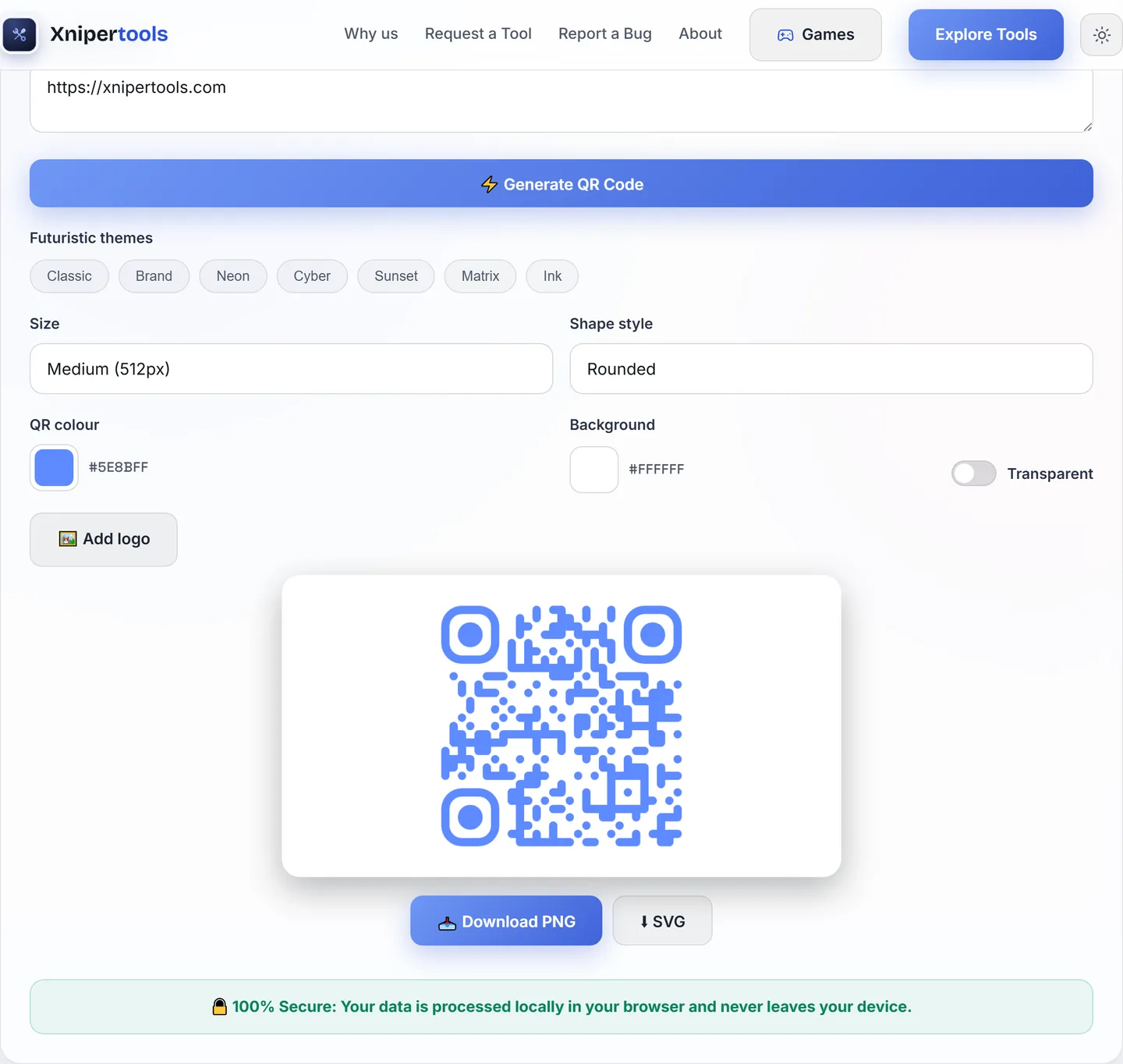 QR Code Generator with a generated code, style themes and logo upload