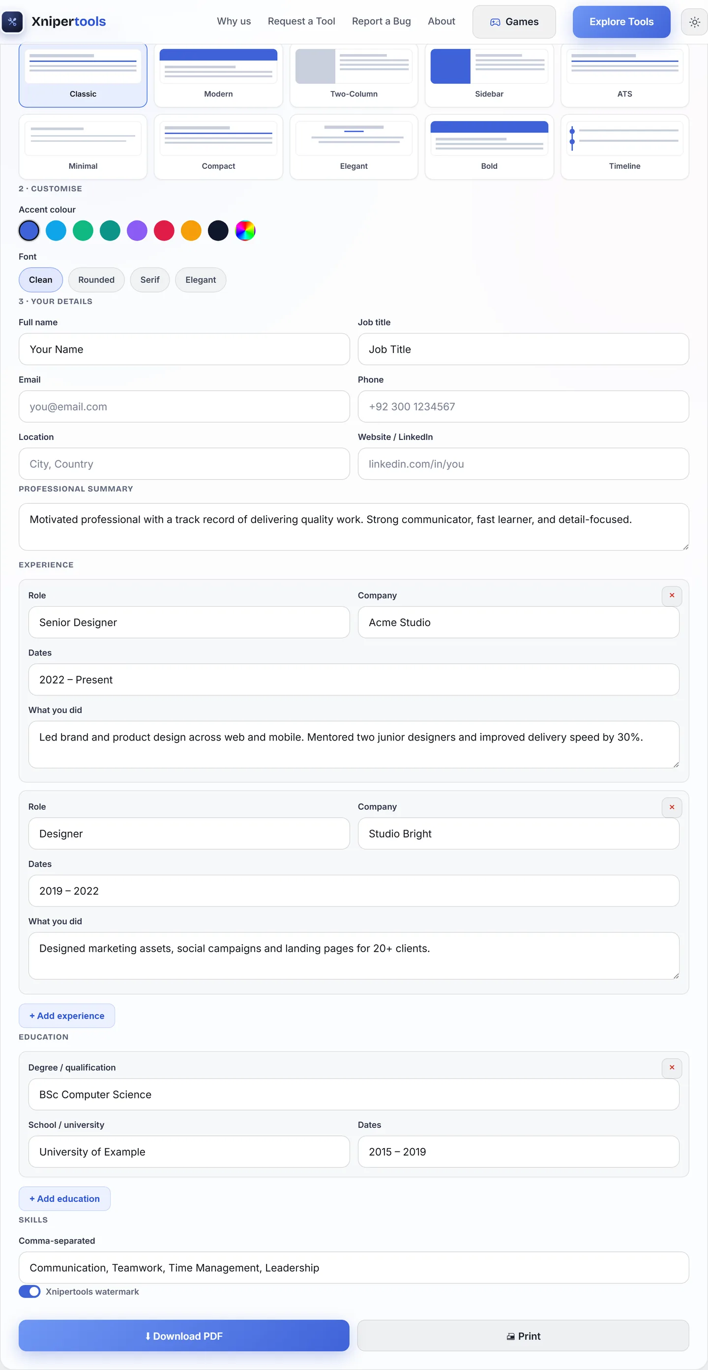 Resume Builder with template choices and live preview