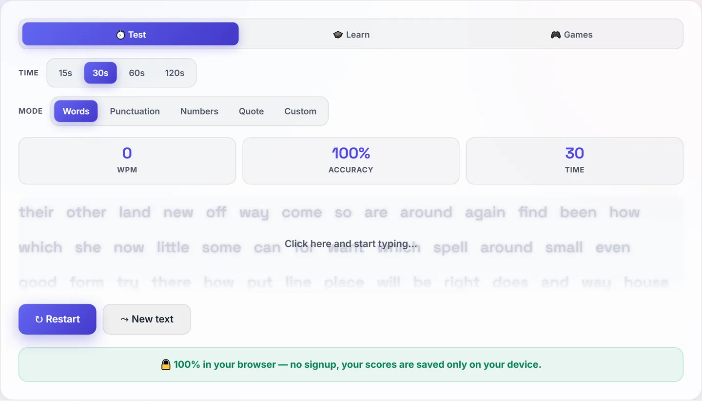 Typing Speed Test interface with live WPM and accuracy tracking